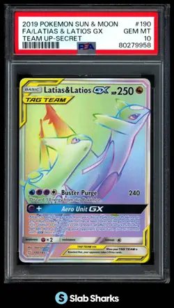 2019 POKEMON SUN & MOON TEAM UP #190/181 LATIAS & LATIOS GX SECRET RARE PSA 10 - Image 1