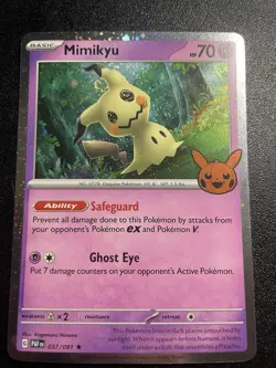 Mimikyu 037/091 SWIRL Trick or Trade BOOster Cosmos Holo NM Pokemon Card 2024 - Image 1