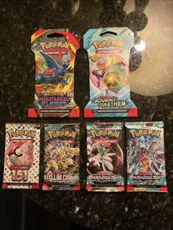 pokemon 6 pack Lot W/ 151, PFlames, Stellar Crown, etc ALL SEALED/NEW - Image 1