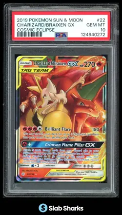 2019 POKEMON SUN & MOON COSMIC ECLIPSE CHARIZARD BRAIXEN TAG TEAM HOLO PSA 10 - Image 1