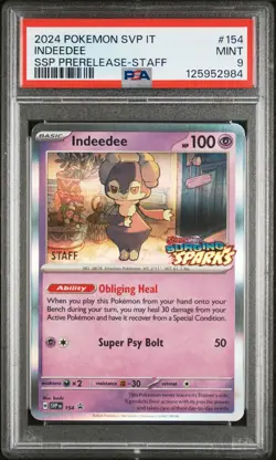 2024 POKEMON SV SURGING SPARKS INDEEDEE SVP154 PRERELEASE STAFF PROMO PSA 9 MINT - Image 1