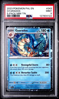 2023 Pokemon Gyarados PSA 9 Mint #043 5-Pack Mini Tins Cosmos Giant SWIRL - Image 1