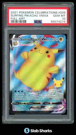 2021 POKEMON SWSH CELEBRATIONS #009/025 SURFING PIKACHU VMAX FULL ART PSA 10 - Image 1