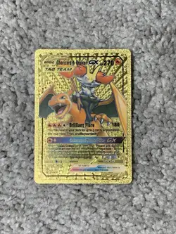 Pokemon Charizard & Braixen GX HP270 Tag Team BrilliantGold Foil Fan Art Card LP - Image 1
