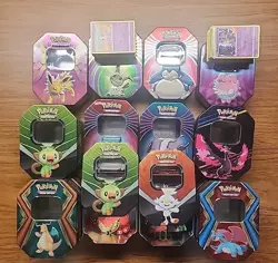 Pokemon Lot 14 Tins Approximately 190 Cards and Other - Image 1