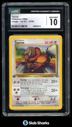 1999 POKEMON JUNGLE 1ST EDITION #47/64 TAUROS CGC 10 - Image 1