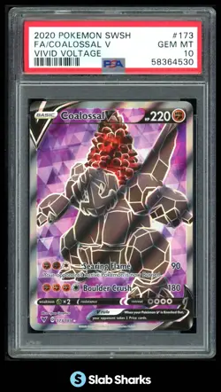 2020 POKEMON SWORD & SHIELD VIVID VOLTAGE #173/185 COALOSSAL V FULL ART PSA 10 - Image 1