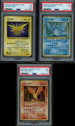 PSA 1 Sequential Set Articuno Zapdos Moltres Holo Japanese Fossil Pokemon 1997 - Image 1