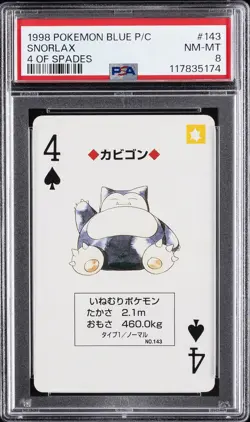1998 POKEMON BLUE VERSION PLAYING CARDS 4 OF SPADES #143 SNORLAX PSA 8 - Image 1