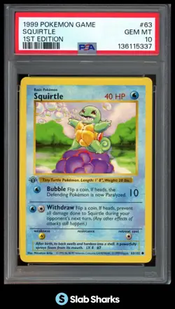 1999 POKEMON BASE SET 1ST EDITION #63/102 SQUIRTLE PSA 10 - Image 1