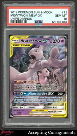 2019 Pokemon Sun and Moon Unified Minds #71 Mewtwo & Mew GX URR PSA 10 - Image 1