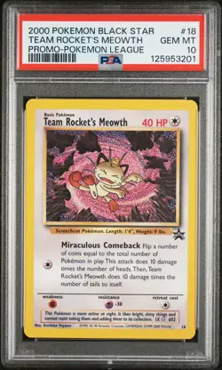 2000 WOTC POKEMON LEAGUE TEAM ROCKET'S MEOWTH #18 BLACK STAR PROMO HOLO PSA 10 - Image 1