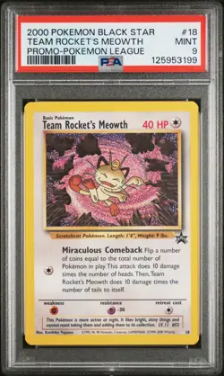 2000 WOTC POKEMON LEAGUE TEAM ROCKET'S MEOWTH #18 BLACK STAR PROMO HOLO PSA 9 - Image 1