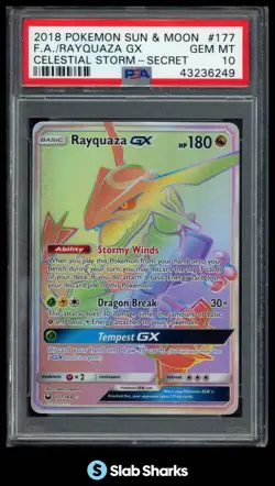 2018 POKEMON SUN & MOON CELESTIAL STORM #177/168 RAYQUAZA GX SECRET RARE PSA 10 - Image 1