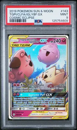 PSA 9 Togepi Cleffa & Igglybuff GX 143/236 Pokemon Cosmic Eclipse - Image 1
