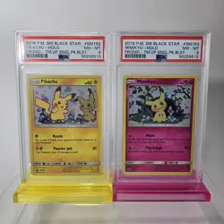 PSA 8 POKEMON 2019 TEAM UP PIKACHU #162 & MIMIKYU #163 HOLO PROMO WITH SWIRL 🌀 - Image 1