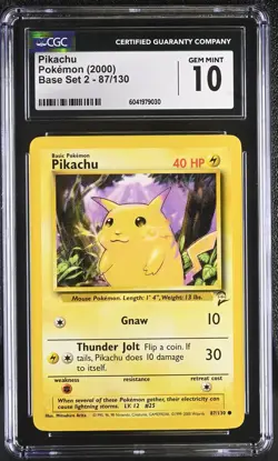 CGC 10 GEM MINT Pikachu 2000 Base Set 2 87/130 Pokemon Card - Image 1