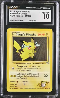 CGC 10 GEM MINT Lt. Surge's Pikachu 2000 Gym Heroes 81/132 Pokemon Card - Image 1
