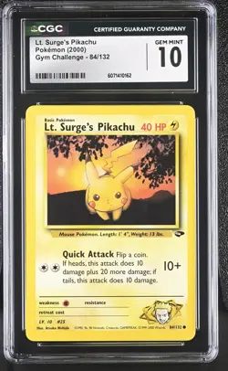 CGC 10 GEM MINT Lt. Surge's Pikachu 2000 Gym Challenge 84/132 Pokemon Card - Image 1