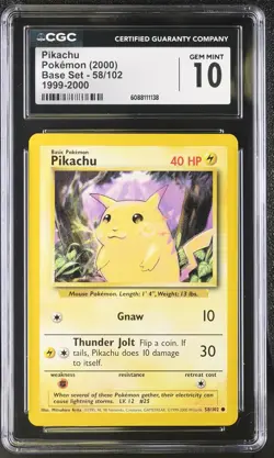 CGC 10 GEM MINT Pikachu 2000 Base Set 58/102 1999-2000 Pokemon Card - Image 1