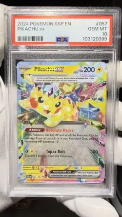 Pokemon 2024 Pikachu EX Ultra Rare Surging Sparks SSP Card 057/191 PSA 10 Gem MT - Image 1