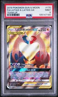 2019 POKEMON SUN & MOON TEAM UP #170 FULL ART/LATIAS & LATIOS GX PSA 9 - Image 1