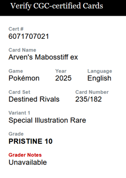 Pokemon Destined Rivals Arven's Mabosstiff ex - 235/182 Graded CGC PRISTINE 10 - Image 3