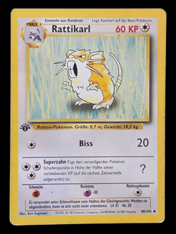 1. Edition Rattikarl 40/102 Basis Set Deutsch Base Set Vintage Pokemon Karten - Image 1