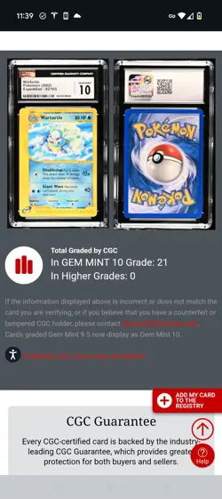 (TOP POP 21) CGC 10 GEM MINT Wartortle 92/165 Expedition Pokemon - Image 4