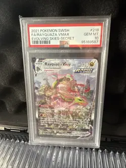 Pokemon TCG Rayquaza VMAX Evolving Skies Holo Card 218/203 PSA 10 Graded - Image 1