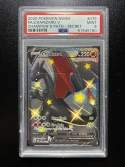 2020 POKEMON SWORD & SHIELD CHAMPION'S PATH SECRET #079 FA/CHARIZARD V PSA 9 - Image 1