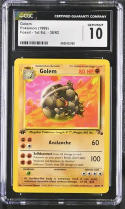 CGC 10 GEM MINT Golem 1999 Fossil 1st Edition 36/62 Pokemon Card - Image 1