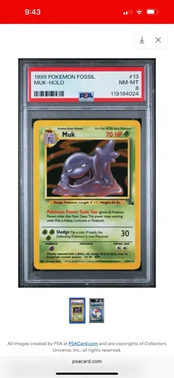 1999 POKEMON FOSSIL #13 MUK-HOLO PSA 8, Free Shipping - Image 1