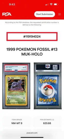 1999 POKEMON FOSSIL #13 MUK-HOLO PSA 8, Free Shipping - Image 3