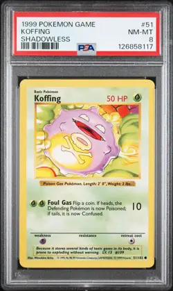 1999 POKEMON BASE SET SHADOWLESS #51 KOFFING PSA 8 - Image 1