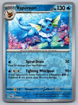 Vaporeon 022/131 Reverse Holo NM Pokemon Prismatic Evolutions SV 2025 - Image 1