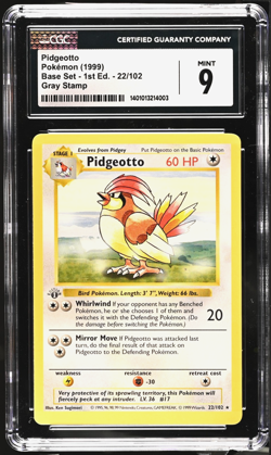 (TOP POP) GRAY GREY STAMP Pidgeotto 22/102 1st Edition Pokemon Base Set CGC 9 - Image 1