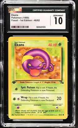 Pokemon English Ekans 46/62 1999 Fossil - 1st Edition Common CGC PSA Beckett 10 - Image 1