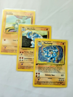 1999 Base Set Machamp 1st Ed Holo #8 Pokemon Card w Machoke + Machop Evolution - Image 1