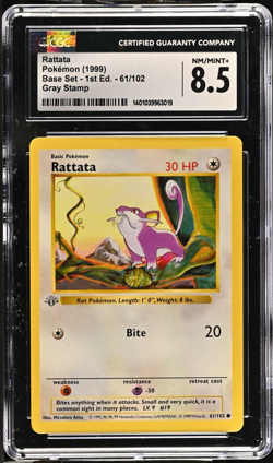 GRAY GRAY STAMP Rattata 61/102 1st Edition Pokemon Base Set CGC 8.5 NM/Mint+ - Image 1