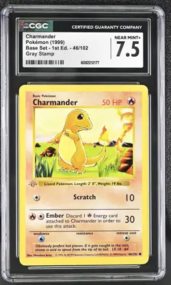 CGC 7.5 Charmander 1999 Base Set 1st Edition 46/102 Gray Stamp Pokemon Card - Image 1