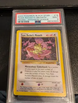 2000 WOTC POKEMON LEAGUE TEAM ROCKET'S MEOWTH #18 BLACK STAR PROMO HOLO PSA 9 - Image 1