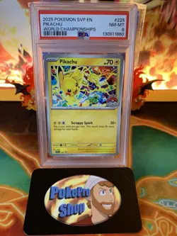2025 Pokemon Pikachu SVP225 World Championships Black Star Promo - PSA 8 NM-MT - Image 1