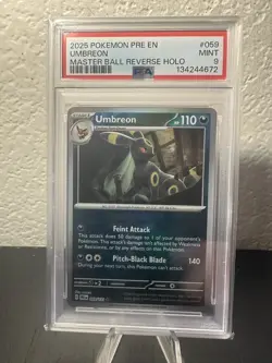 2025 Pokemon Prismatic Evolutions Umbreon #059 Master Ball Reverse Holo PSA 9 - Image 1
