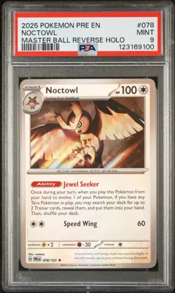 2025 Pokemon Noctowl Prismatic Evolutions #078 Master Ball Reverse Holo PSA 9 - Image 1
