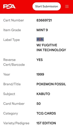 Pokemon Fossil Kabuto 1st Edition PSA 9 Mint 1999 With Stand - Image 5