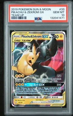 2019 POKEMON SUN & MOON TEAM UP #33 PIKACHU & ZEKROM GX PSA 10 - Image 1