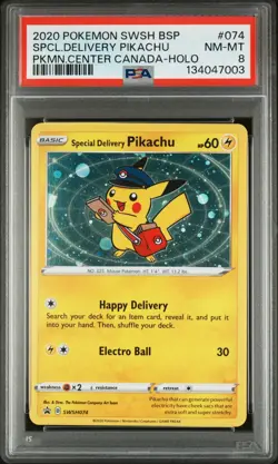 Pokemon Special Delivery Pikachu P.M. Center Canada Holo Promo SWSH074 PSA 8 - Image 1