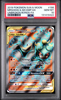 2019 POKEMON SUN & MOON UNBROKEN BONDS FULL ART/MARSHADOW & MACHAMP GX PSA 10 - Image 1