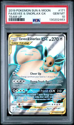 2019 POKEMON SUN & MOON TEAM UP #171 FULL ART/EEVEE & SNORLAX GX PSA 10 - Image 1